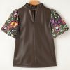 Women's Four Leaf Clover Floral Bubble Sleeve Patchwork Faux Leather Frilled Round Neck Blouse - Image 6