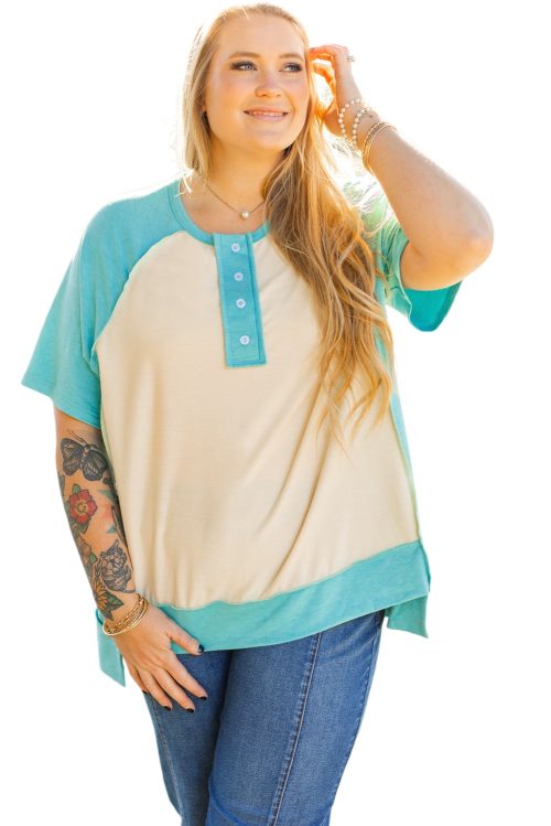 Plus Size Mint Green Color Block Raglan Sleeve Buttoned T-Shirt for Women