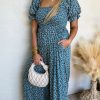 Women's Blue Vintage Boho Floral Smocked Wide Leg Jumpsuit with Puff Sleeves - Image 2