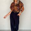 Women's Orange Leopard Printed Draped Short Sleeve Slit V Neck Blouse - Image 5