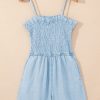 Women's Beau Blue Spaghetti Strap Smocked Denim Romper with Pockets - Image 3