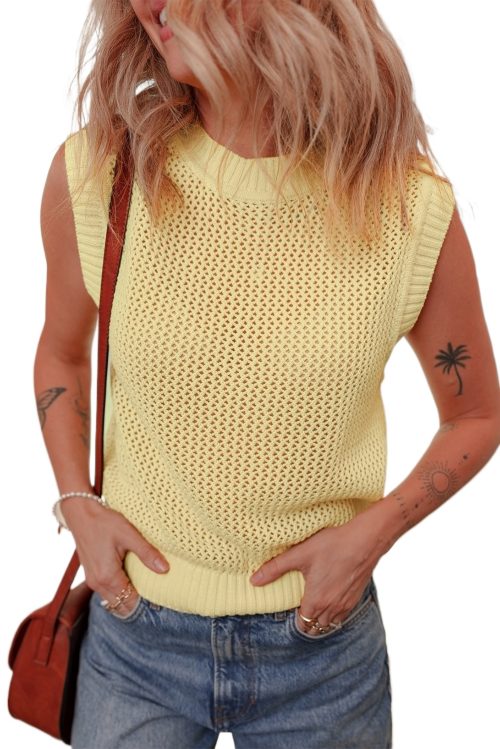 Women's Yellow Solid Color Hollowed Knit Round Neck Sweater Vest