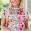 Women's Pink Floral Print Blouse with Contrast Ruffle Trim and Flutter Sleeves - Image 5