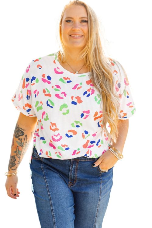 Plus Size Women's White Multicolor Leopard Print Textured T-Shirt