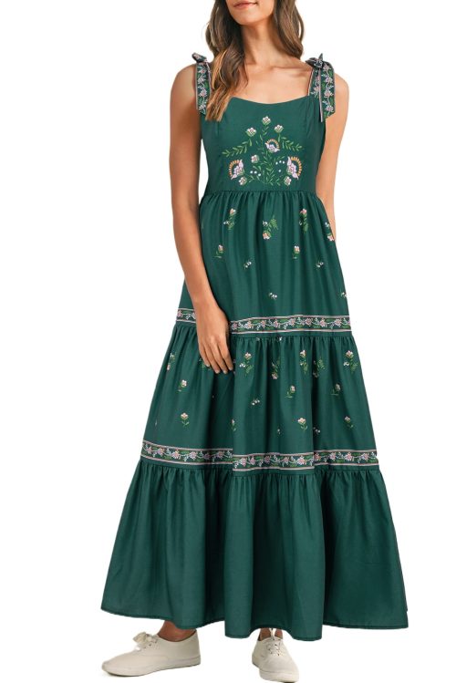 Elegant Blackish Green Floral Smocked Back Tied Straps Tiered Maxi Dress for Women