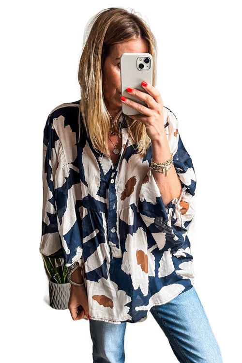 Women's Sail Blue Abstract Floral Print Puff Sleeve Half Button Blouse - Elegant Bohemian Style