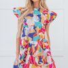 Women's Pink Abstract Printed Ruffled Flutter Sleeve Tiered Mini Dress - Image 7