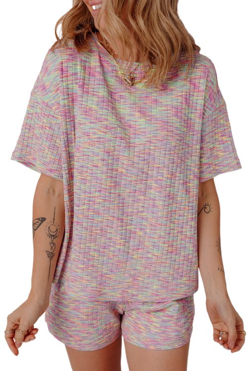 Women's Multicolour Printed Ribbed Knit T-Shirt and Shorts Lounge Set