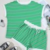 Women's Dark Green Striped Cap Sleeve Tee and Shorts Set - Casual Two Piece Outfit - Image 3