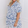 Plus Size Sky Blue Floral Print Mini Dress with Collared V Neck and Ric-Rac Trim - Image 3