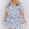 Plus Size Sky Blue Floral Print Mini Dress with Collared V Neck and Ric-Rac Trim - Image 4