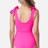 Women's Rose Red Square Neck Knotted Shoulder Open Back One Piece Swimsuit - Elegant Swimwear for Summer - Image 2