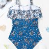 Women's Sky Blue Floral Printed Ruffle One Piece Swimsuit with Removable Straps - Image 13