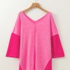 Women's Sachet Pink Contrast Patchwork V Neck Blouse with 3/4 Sleeves - Image 7