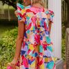 Women's Pink Abstract Printed Ruffled Flutter Sleeve Tiered Mini Dress - Image 11