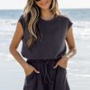 Women's Bristol Black Knit Open Back Drawstring Romper with Cap Sleeves - Image 4