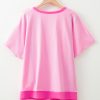 Bright Pink Colorblock Patchwork Plus Size Henley Top with Short Sleeves - Image 5