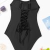 Women's Black Lace-Up Open Back One Piece Swimsuit with Thin Straps - Image 15