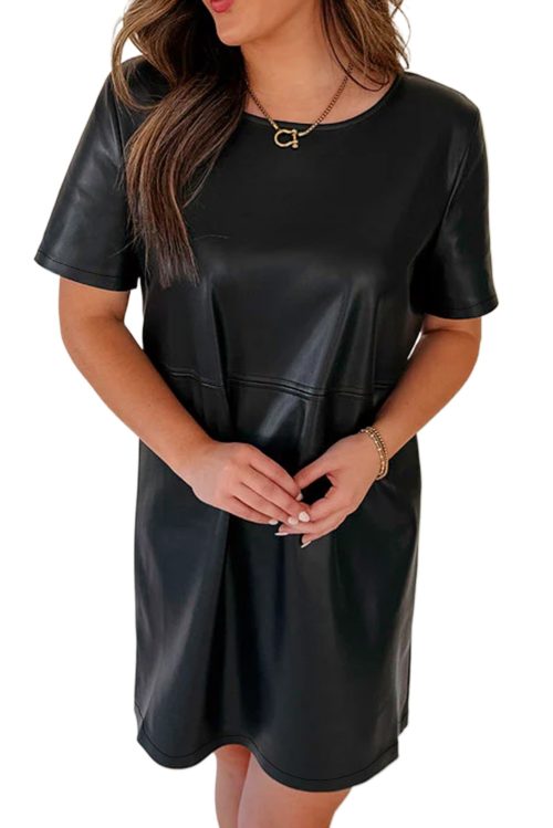 Women's Black Faux Leather Loose Fit T-Shirt Dress - Trendy & Comfortable Mini Dress