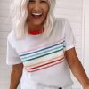 Women's White Rainbow Stripe Print Contrast Crewneck T-Shirt - Casual Summer Style - Image 4