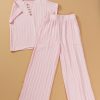 Women's Light Pink Textured Short Sleeve Henley Top & Pocketed Wide Leg Pants Set - Image 6