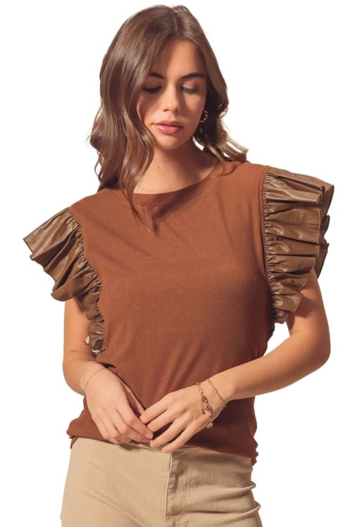 Stylish Cinnamon Leather Ruffle Sleeve Blouse with Round Neck - Elegant Solid Color Top