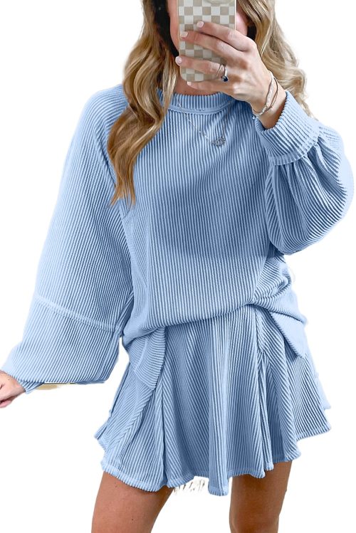 Women's Sky Blue Corded Lantern Sleeve Top & High Waist Ruffled Mini Skirt Set