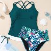 Women's Sea Green Drawstring Tummy Control 2-Piece Tankini Swimsuit with Floral Shorts - Image 16