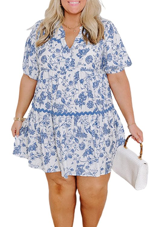 Plus Size Sky Blue Floral Print Mini Dress with Collared V Neck and Ric-Rac Trim