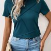 Women's Blue Sapphire Solid Color Toothpick Stripe Round Neck T-Shirt - Image 5