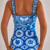 Women's Blue Tile Pattern Ricrac Wide Straps Sheath One Piece Swimsuit - Image 2