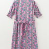 Women's Pink Floral Shirred Puff Sleeve Midi Dress with Sash - Bohemian Style - Image 4