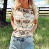 Women's Beige Western Mustang River Printed Mesh T-Shirt for Summer - Image 5