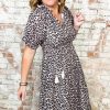 Plus Size Brown Leopard Tassel Tied Neck Short Sleeve Dress for Women - Image 2