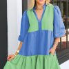 Women's Dark Blue Colorblock Frilled V Neck Puff Half Sleeve Shift Dress - Image 3