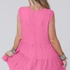 Bright Pink Waffle Textured Button Round Neck A-Line Tiered Sleeveless Dress for Women - Image 9