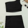 Women's Black Pleated Mesh One Shoulder Bikini Top and Skirt Set - Stylish Beachwear - Image 16