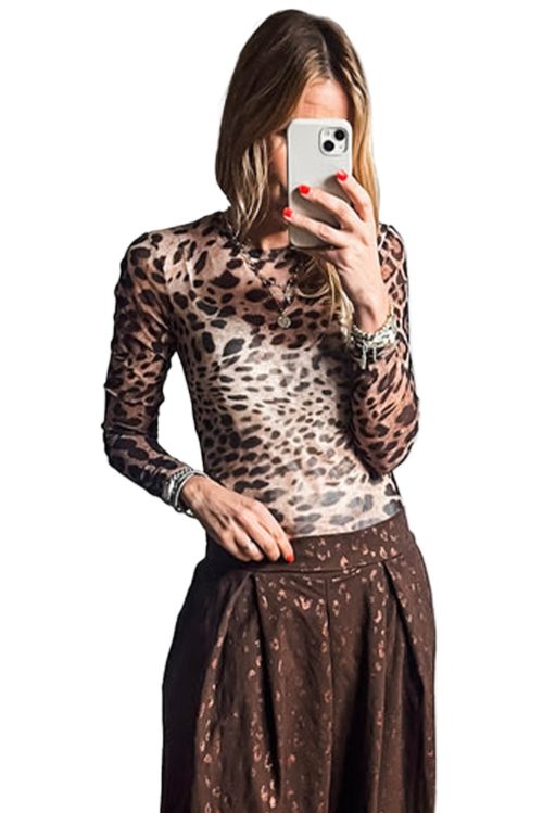 Women's Brown Leopard Print Round Neck Long Sleeve Slim Fit Top