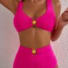 Women's Rose Red Wire-Free Knotted Bikini Swimsuit with Gold Shell Decor - 2pcs Set - Image 3