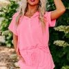 Women's Peach Blossom Hooded Short Sleeve Henley Top and Shorts Set - Casual Summer Outfit - Image 5