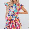 Women's Pink Abstract Printed Ruffled Flutter Sleeve Tiered Mini Dress - Image 5