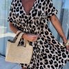 Elegant Khaki Cheetah Print Backless V Neck Loose Fit Mini Dress for Women - Image 2