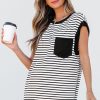 Women's Casual Black Stripe Round Neck Tank Top with Chest Pocket - Image 4