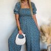 Women's Blue Vintage Boho Floral Smocked Wide Leg Jumpsuit with Puff Sleeves - Image 6