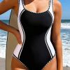 Women's Black Color Block U Neck One Piece Swimsuit with Ric Rac Trim - Image 2