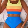 Women's Blue Colorblock Square Neck Bikini Set - Pleated High Waisted Swimwear - Image 6