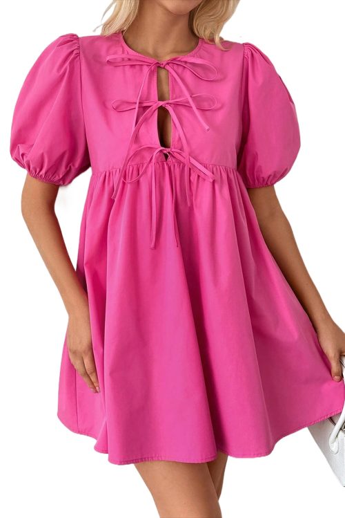 Bright Pink Puff Sleeve Tie Front High Waist Mini Dress for Women