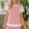 Women's Pink Textured Colorblock Patchwork Tee and High-Waist Shorts Set - Image 4