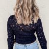 Women's Black Flower Lace See-Through Mock Neck Long Sleeve Top - Image 3