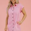 Women's Pink Short Sleeve Denim Shirt Dress with Double Chest Pockets - Image 10